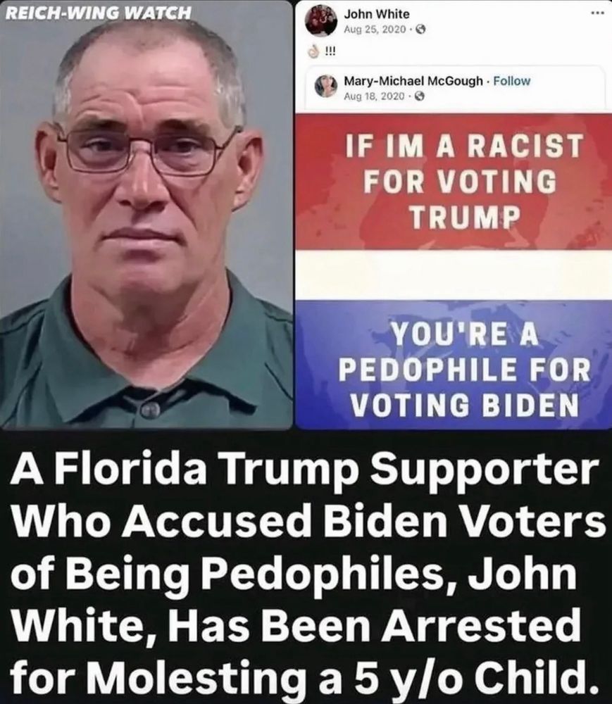 REICH-WING WATCH
John White
Aug 25, 2020 
Mary-Michael McGough • Follow
Aug 18, 2020 

IF IM A RACIST FOR VOTING
TRUMP
YOU'RE A
PEDOPHILE FOR VOTING BIDEN

A Florida Trump Supporter Who Accused Biden Voters of Being Pedophiles, John White, Has Been Arrested for Molesting a 5 y/o Child.