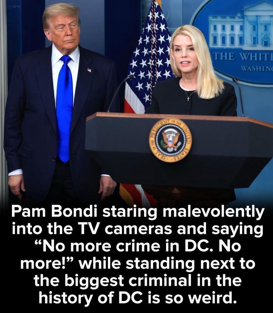 
Pam Bondi staring malevolently into the TV cameras and saying
"No more crime in DC. No more!" while standing next to the biggest criminal in the history of DC is so weird.