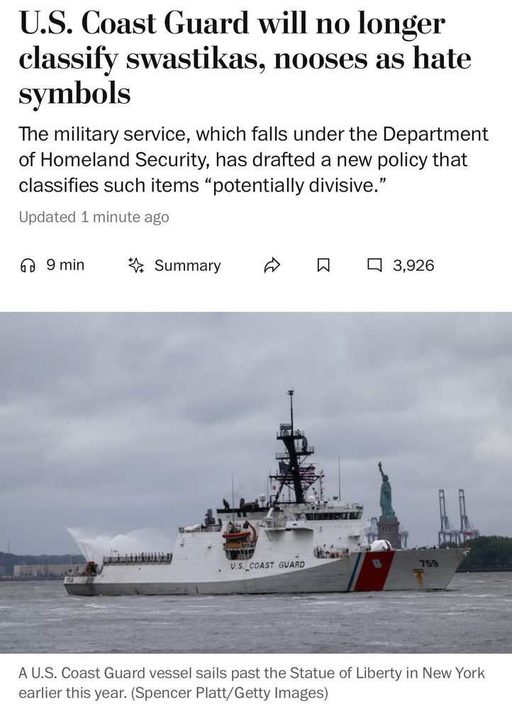 U.S. Coast Guard will no longer classify swastikas, nooses as hate symbols
The military service, which falls under the Department of Homeland Security, has drafted a new policy that classifies such items "potentially divisive."
Updated 1 minute ago
A U.S. Coast Guard vessel sails past the Statue of Liberty in New York earlier this year. (Spencer Platt/Getty Images)