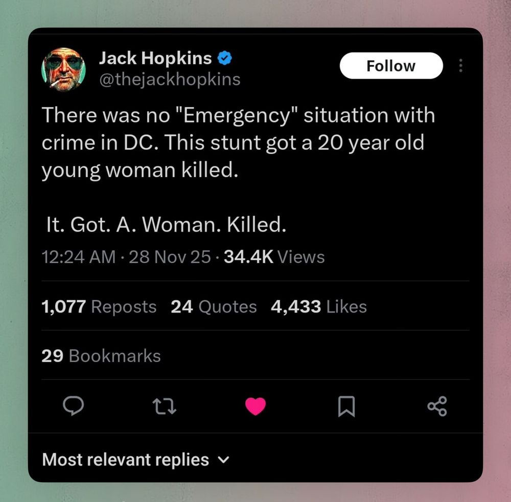 Jack Hopkins
Follow
@thejackhopkins
There was no "Emergency" situation with crime in DC. This stunt got a 20 year old young woman killed.

It. Got. A. Woman. Killed.