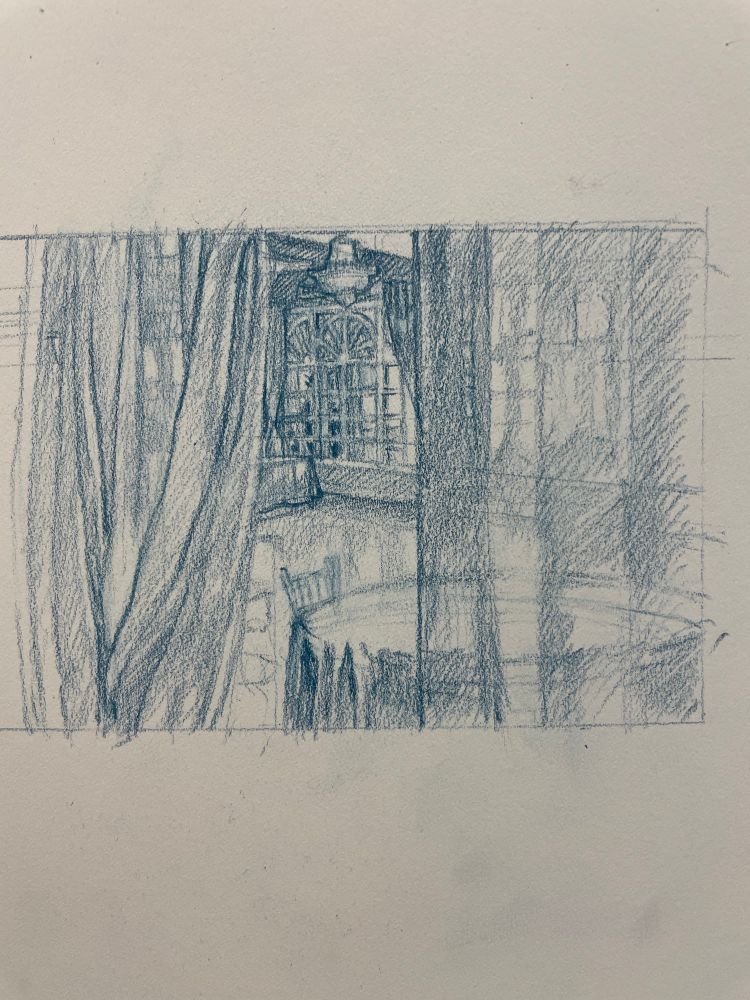 Ballroom sketch in blue pencil 