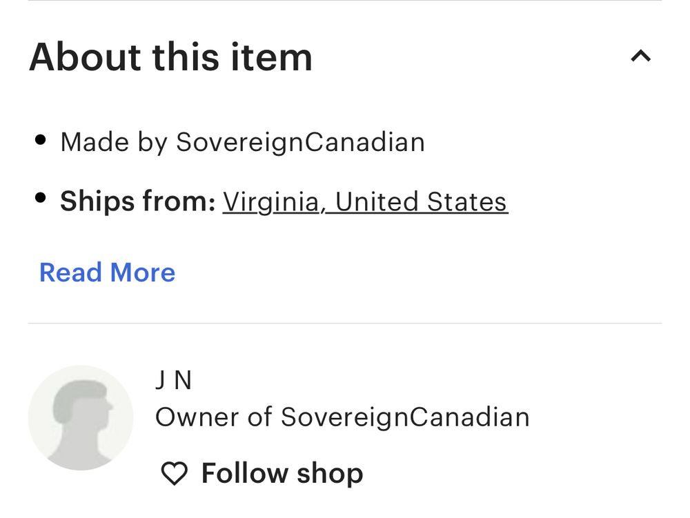 Screen shot of company’s Etsy showing they are an American company. 