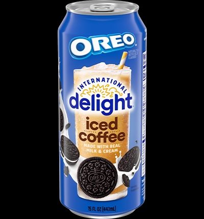 A can of international delight Oreo flavored iced coffee. It tastes like an ashtray.