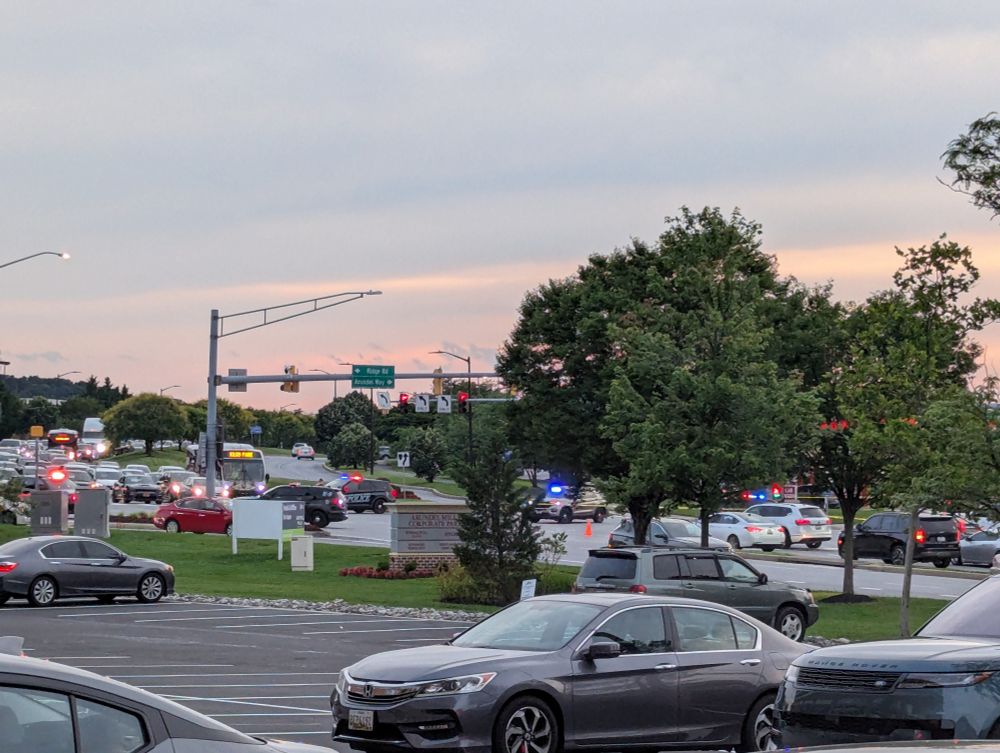 Intersection of Arundel Mills Blvd and Ridge Road in Anne Arundel County, MD. Emergency vehicles responding to an incident.
