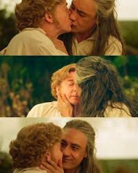 a triptych of ed and stede’s first kiss 