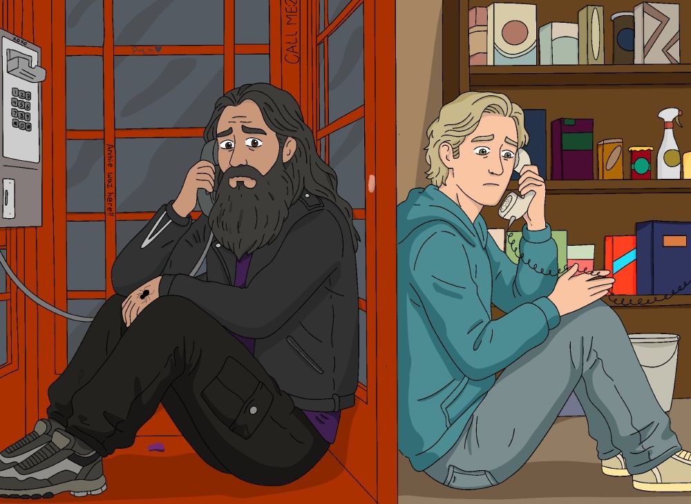 art by Matt @izzyhandsart.bsky.social
of Ed and Stede on the phone. Ed sits on the floor of a red pay phone with many small details, at night, in the rain. He is not talking, just breathing. Stede is on the floor of his pantry at home, phone cord wrapped around his finger, looking upset and listening for Ed to say something. All of his everyday pantry items are behind him on the shelves. Art accompanies the fic Love in the Time of Pay Phones