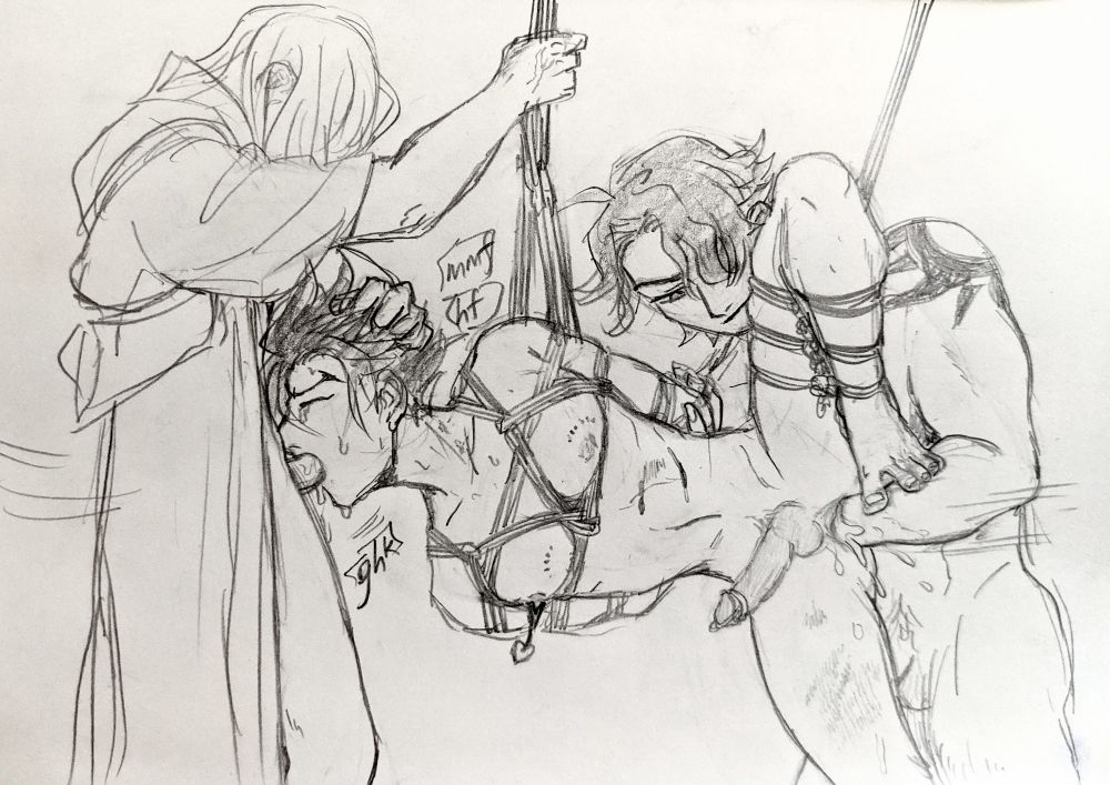 porny pencil sketch of cherry, joe, and adam from skate the infinity having a threesome. adam is strung up in suspension shibari in the middle, sucking Cherry off, while Joe is fisting Adam.