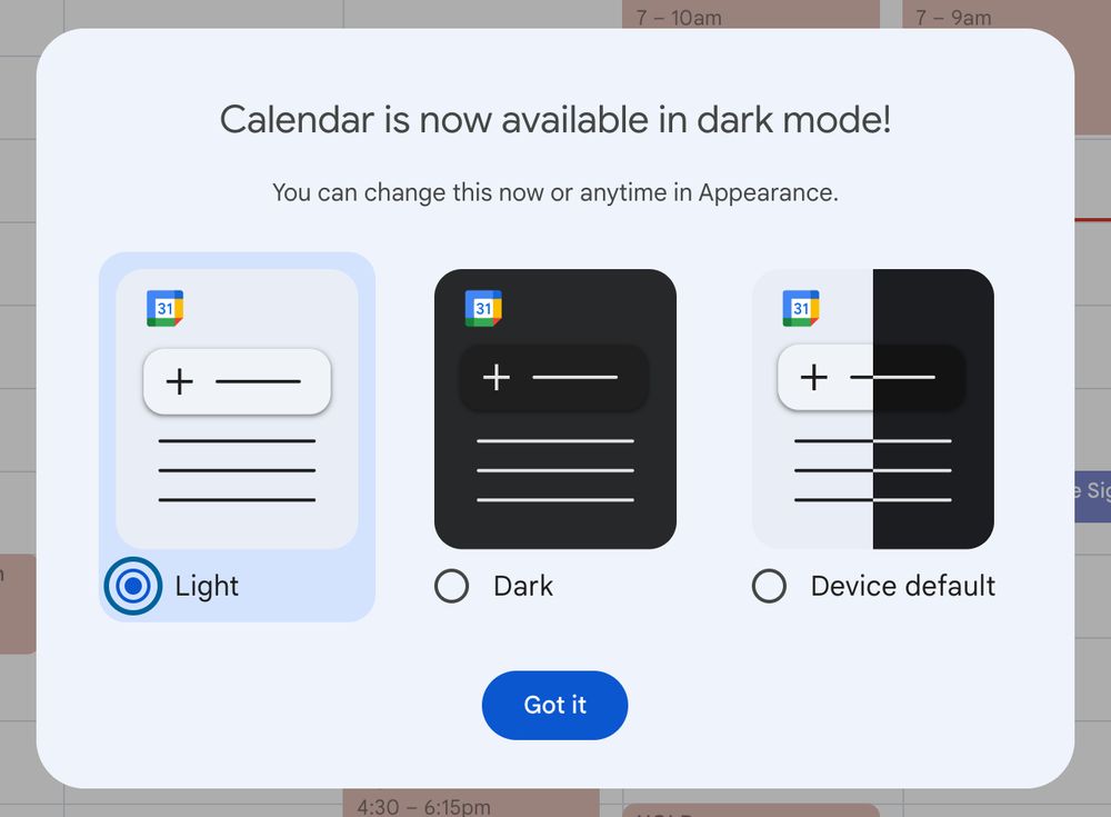Screenshot of a popup in Google Calendar, titled: "Calendar is now available in dark mode!"