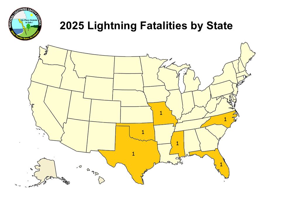 Map showing the locations of known U.S. lightning fatalities in 2025.