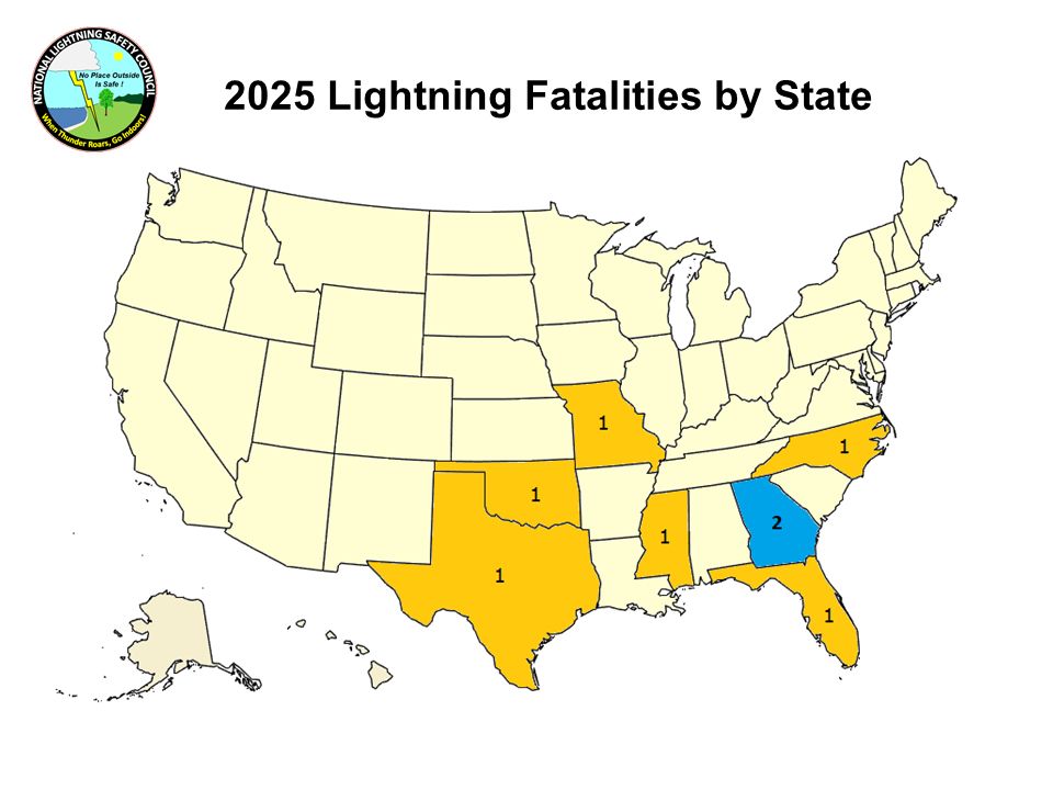 Map showing the location of lightning fatalities in 2025.