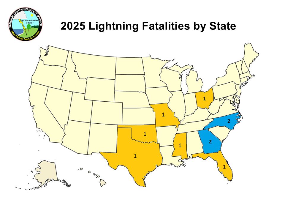 Map showing lightning fatalities in 2025 across the US.