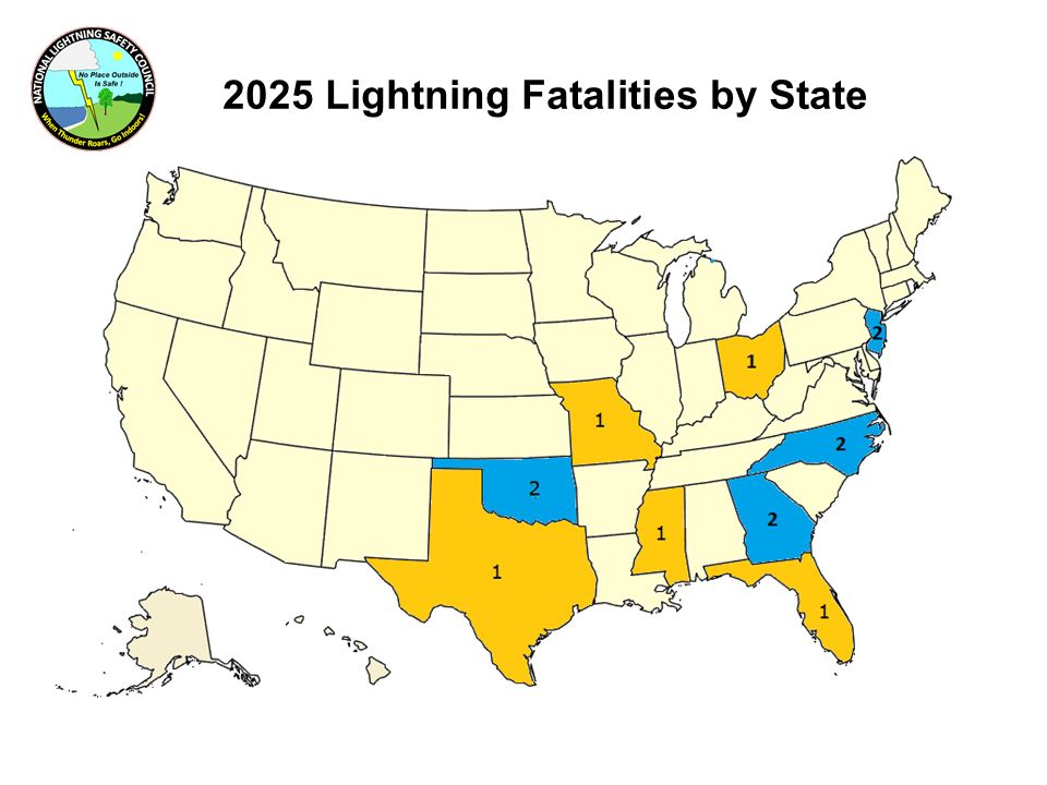 Map showing the states with lightning fatalities in 2025.