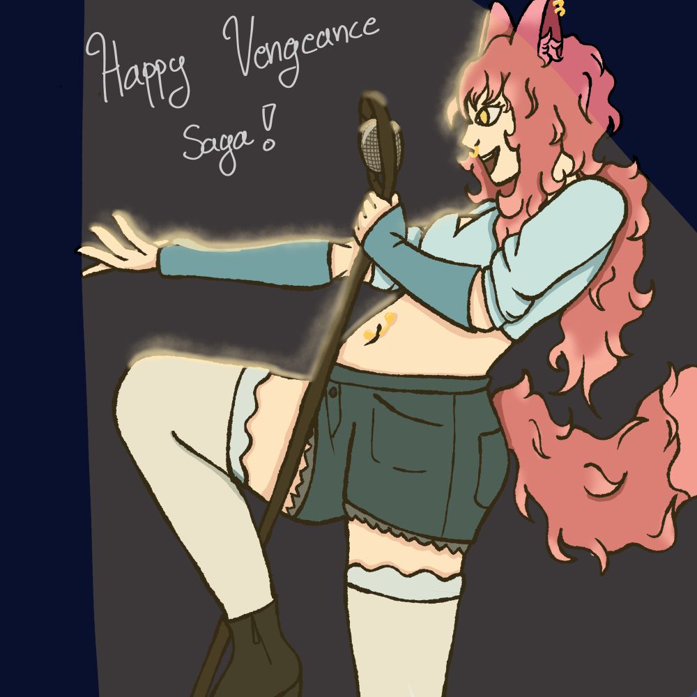 My sona, a pink haired fox girl, performing on a stage with an old timey circle mic. Her leg is wrapped around the mic stand, she's wearing a cropped blue sweater, elbow gloves, jean shorts, and light blue stocking. Text above her reads: "Happy Vengeance Saga!"