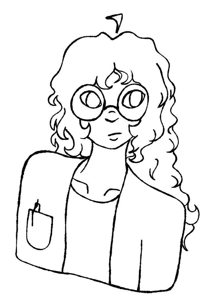 Non colored drawing of my Pressure oc in a lab coat. She has curly hair and round glasses. She is looking off to the right nervously.