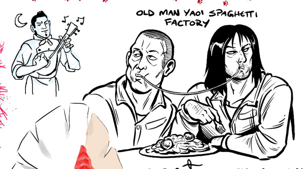 Prison jumpers Hamazaki and Saejima Lady and the Tramping some spaghetti, Kiryu is serenading them. It is captioned “OLD MAN YAOI SPAGHETTI FACTORY”