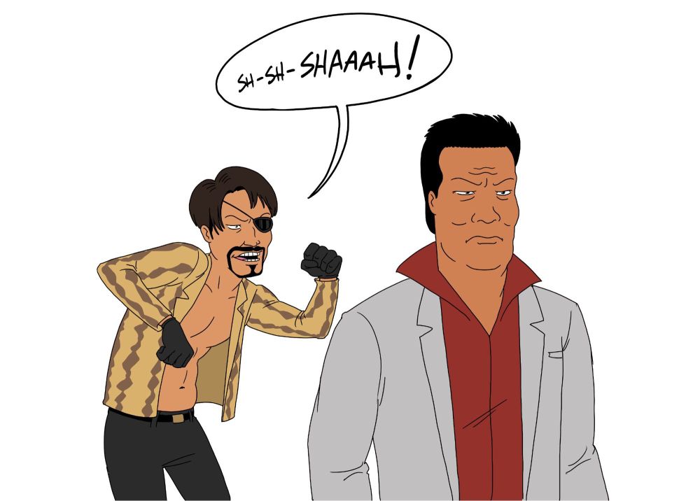 Kiryu in the style of King of the Hill with Hank Hill’s face, looking irritated with a Dale Gribble Majima behind him saying “SH-SH-SHAAAAH!”