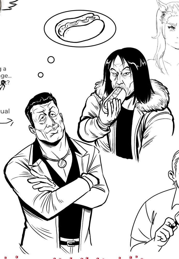 Hamazaki thinking about a hotdog next to Saejima eating a hotdog
