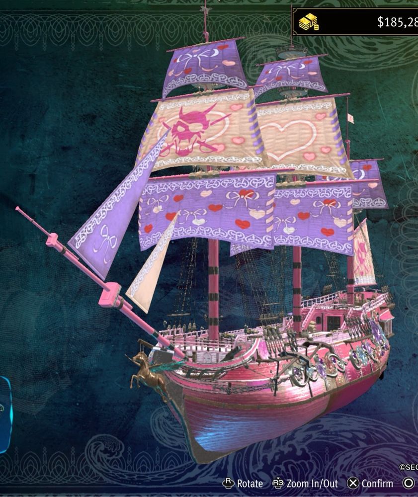 Majima’s pirate ship with a pink hull, bejeweled trim, pegasus figurehead, and pink and purple sails with hearts on them