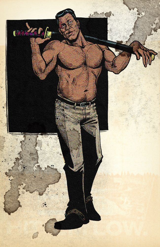 Shirtless Hamazaki with his arms resting on a sheathed Katana over his shoulders