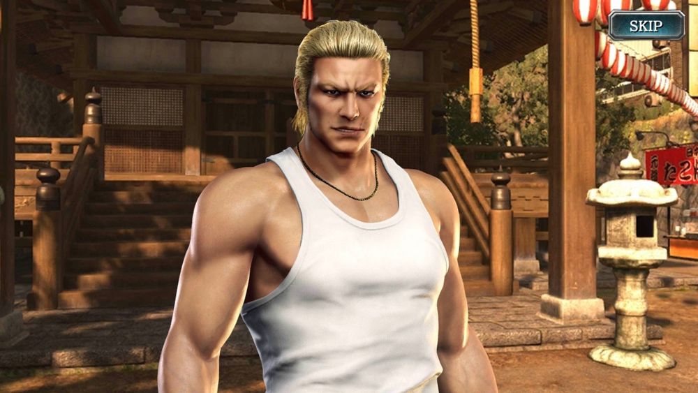 Ryuji from the Yakuza series, a tall, heavily muscular, tan blond man with his hair slicked back, wearing a white tank top