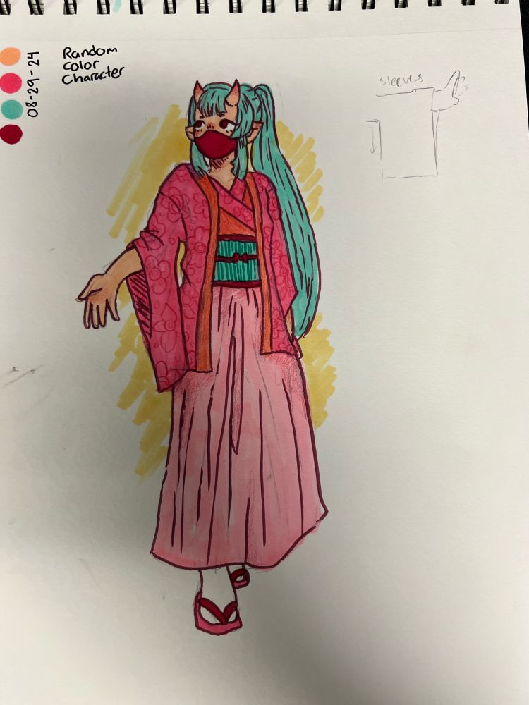 A drawing of a girl with horns in a pink floral kimono. She has long teal hair tied back in a ponytail and is wearing a red mask. 