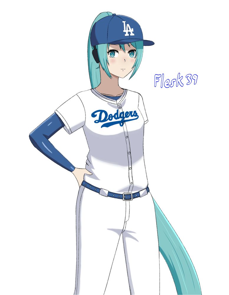 Miku in a Los Angeles Dodgers uniform. Her hair is tied into a ponytail, unlike her usual twintails