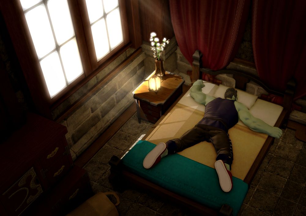 A Sea Wolf Roegadyn character from Final Fantasy 14 lays sprawled face down on a bed, sleeping. Rays of sunlight enter from a nearby window.