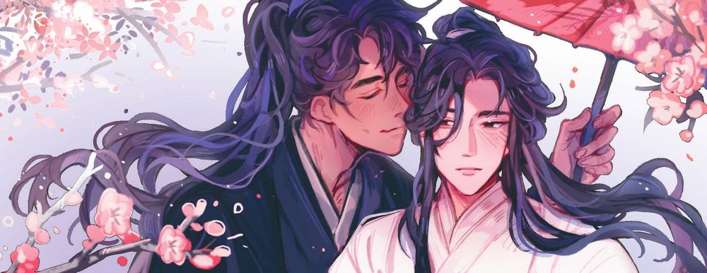 mo ran holding an umbrella over chu wanning, they are both surronded by haitang flowers