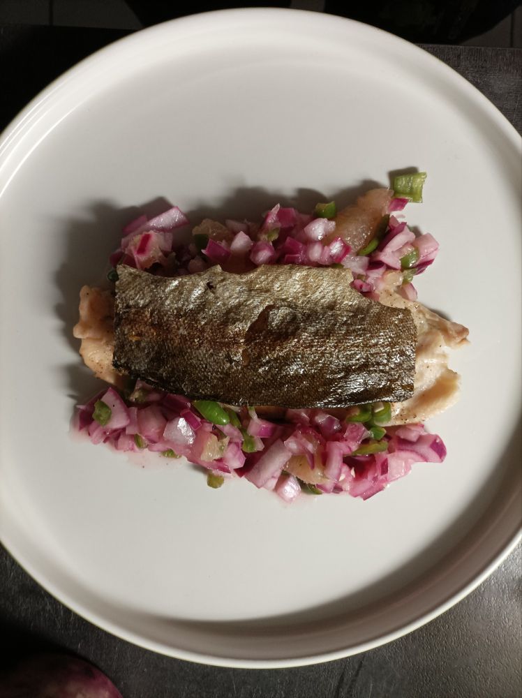 Dans une grande assiette blanche, un filet de truite cuit à la vapeur, entouré à droite et à gauche d'une garniture d'oignons rouges, citron, piment vert, gingembre râpé et vinaigre. Surmonté par une chips plate faite avec la peau de la truite. Le tout est pris en photo dans un plan douche.