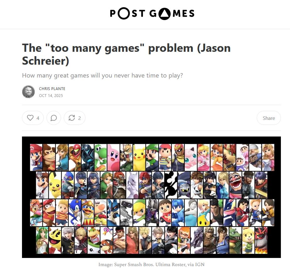 Screenshot from the top of an article in the POST GAMES substack. The title reads "The 'too many games' problem (Jason Schreier)" 