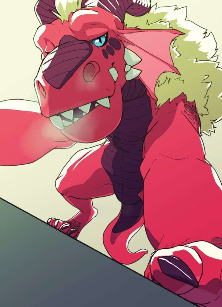 Morca (red and black dragon) looming over the viewer in a dynamic perspective and showing some teeth.