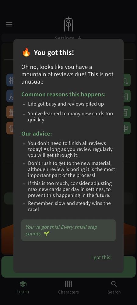 A notification from Hanly app saying it's ok to take things slow when you are getting overwhelmed.