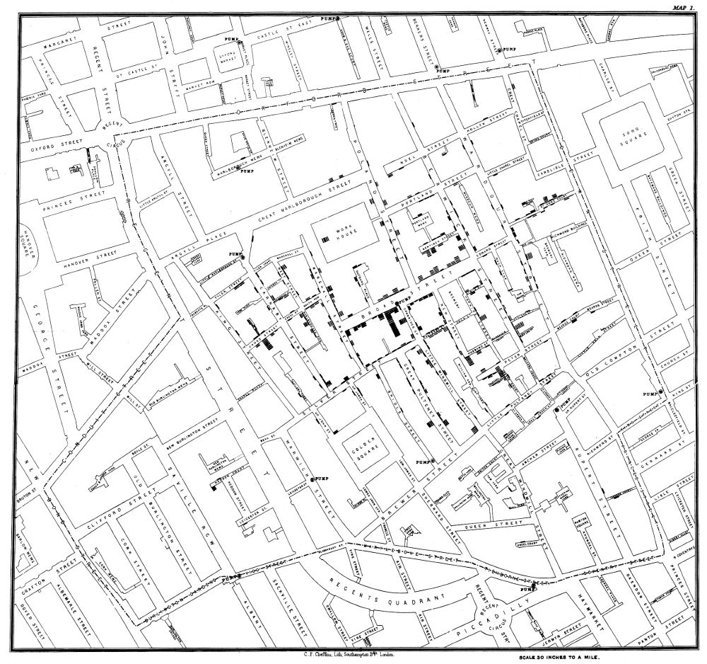 Original map made by John Snow in 1854. Cholera cases are highlighted in black, showing the clusters of cholera cases (indicated by stacked rectangles) in the London epidemic of 1854. The map was created in order to better understand the pattern of cholera spread in the 1854 Broad Street cholera outbreak, which Snow would use as an example of how cholera spread via the fecal-oral route through water systems as opposed to the miasma theory of disease spread. The contaminated pump is located at the intersection of Broad Street and Cambridge Street (now Lexington Street), running into Little Windmill Street. The map marks an important part of the development of epidemiology as a field, and of disease mapping as a whole. [text from Wikipedia]