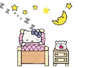 a drawing of hello kitty sleeping in a bed with a nightstand