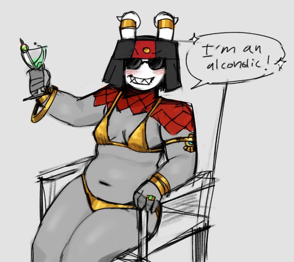 Golebrich proclaiming he’s an alcoholic with a smile on his face, wearing a golden bikini and sunglasses. 