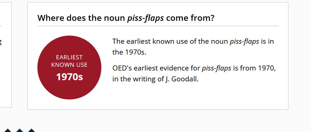 A screenshot of The Oxford English Dictionary's page for "piss-flaps" which denotes the earliest use from the writing of J. Goodall, in the 1970s.
