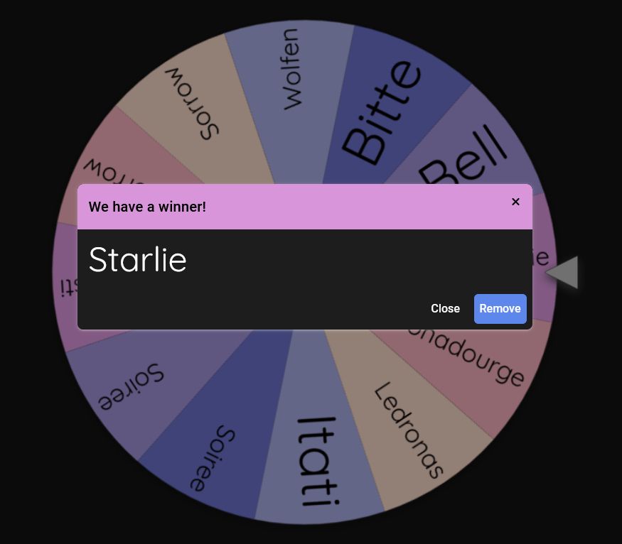 A wheel in the background has various names 
We have a winner! 
Starlie
Lies overtop of it 