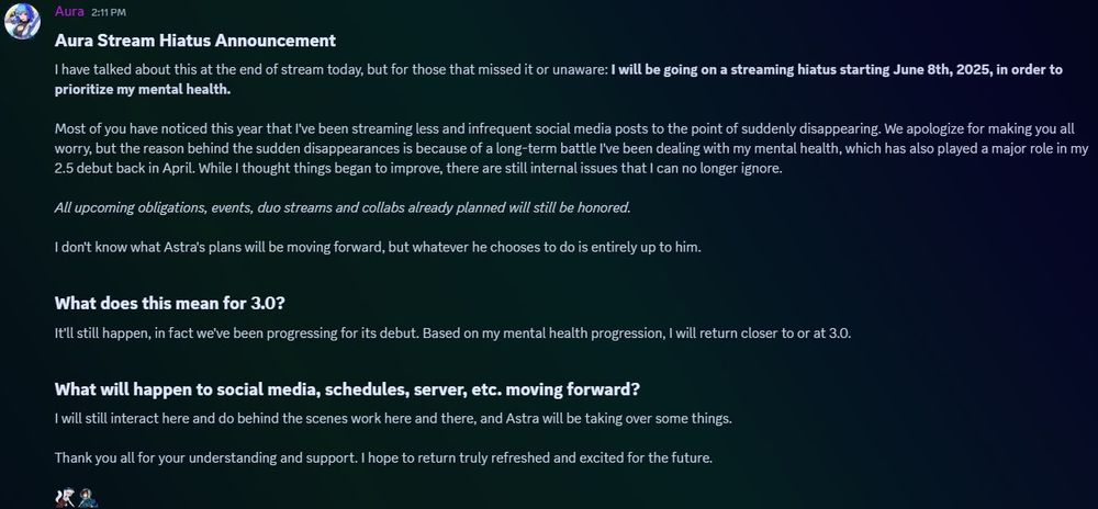 This is news for a stream hiatus happening early June, due to mental health prioritization.