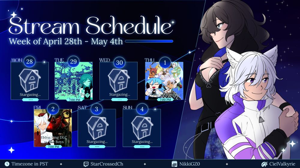 This schedule showcases an art of Aura and Astra looking opposite directions in the night sky, but feeling hopeful of the future. A JRPG, Tales of Legendia, is slated to start on Thursday while Elden Ring DLC continues on Friday, and an adorable game by Noobzilla Team will be played. We're so excited to try it!