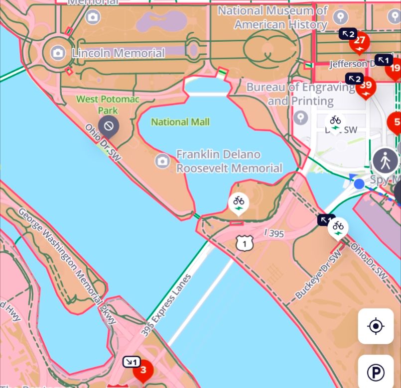 Map of the National Mall showing no Capital Bikeshare availability. 