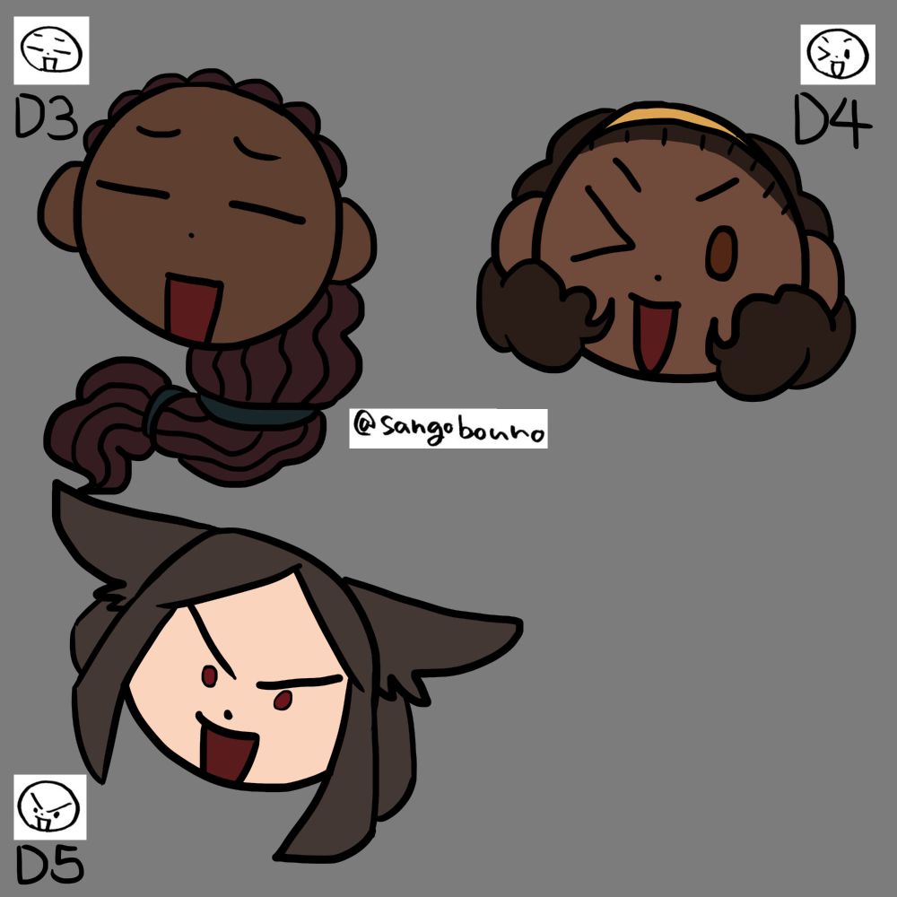 A digital drawing of chibi headshots of my characters.
Featuring Rafiya looking sheepish, Hoshi winking, and Yuna smiling deviously.