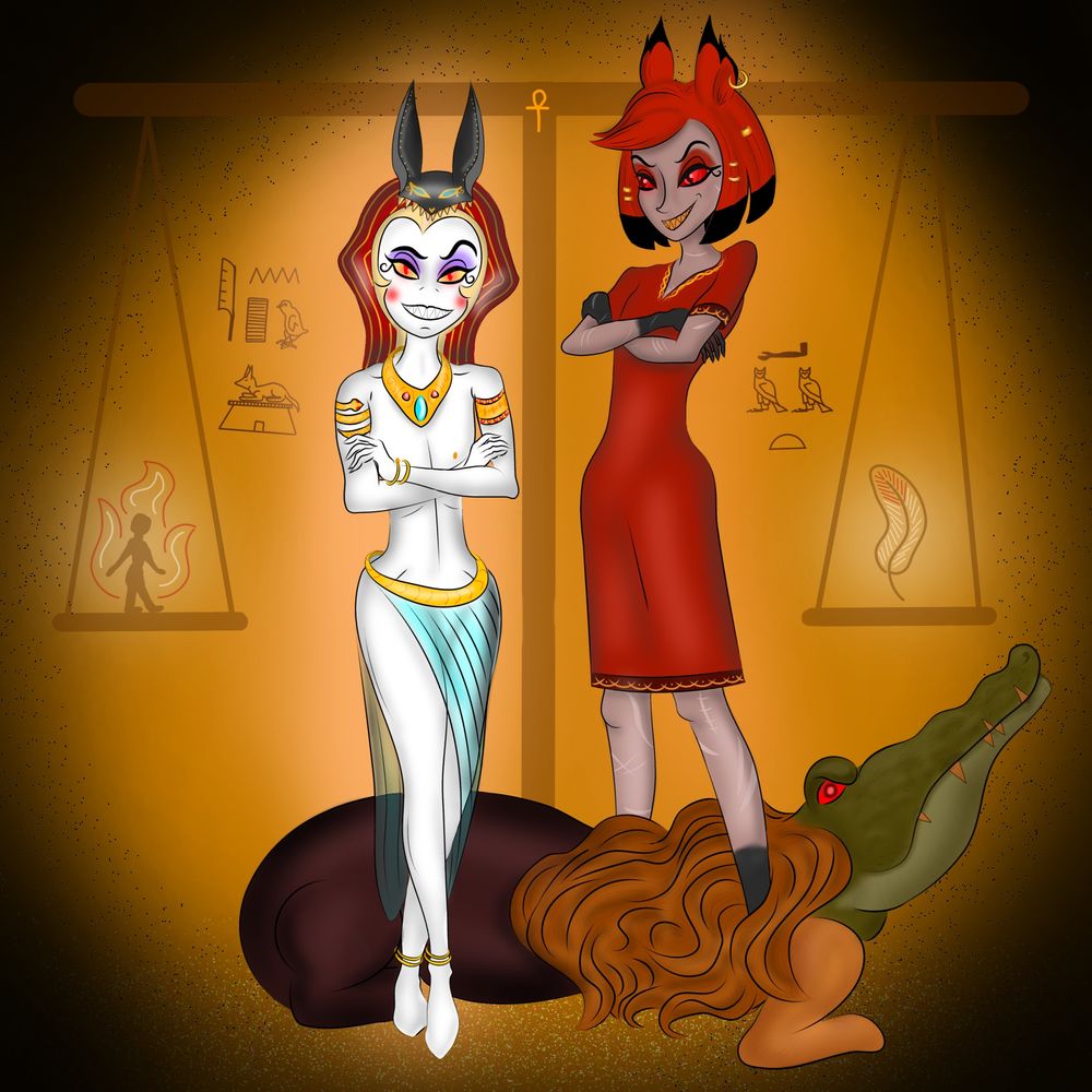 Lucifer, in the guise of Anubis, wears a jackal headdress and sheer skirt with gold jewellery. Alastor as Ammit stands beside him, dressed in a red tunic. The monster from the myth, a combination of a crocodile, lion and hippo (all man eaters to Ancient Egyptians) lies at their feet. Behind them are the scales used to judge the dead, with one of Lucifer’s red and white feathers in place of the feather of truth (from the deity Ma’at). Hieroglyphic inscriptions give the names of Anubis and Ammit. 