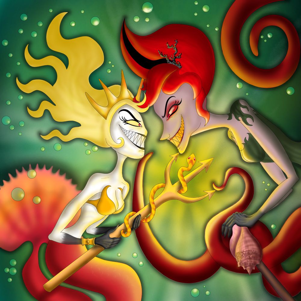 Fem Lucifer in the role of Triton and fem Alastor in the role of Ursula from The Little Mermaid. Lucifer holds her trident up to Alastor’s chin. Meanwhile, Alastor pokes the trident teasingly with one tentacle, and Lucifer’s chin with another.