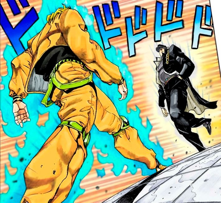 An image from the manga series JoJo's Bizarre Adventure. Dio and Jotaro are walking towards each other to beat the shit out of each other.