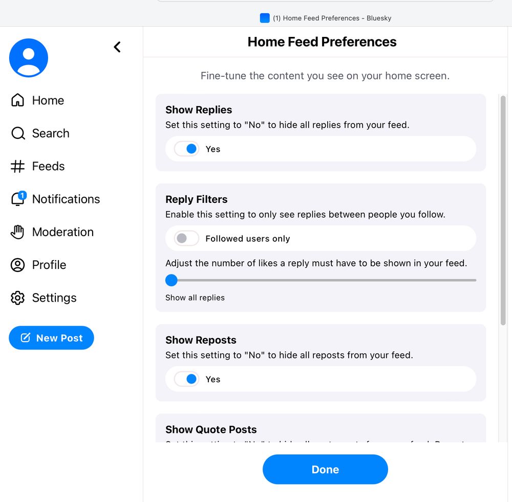 screenshot zeigt einstellungsmöglichkeiten für replies, reply filters, reposts und quote posts in den bluesky-settings