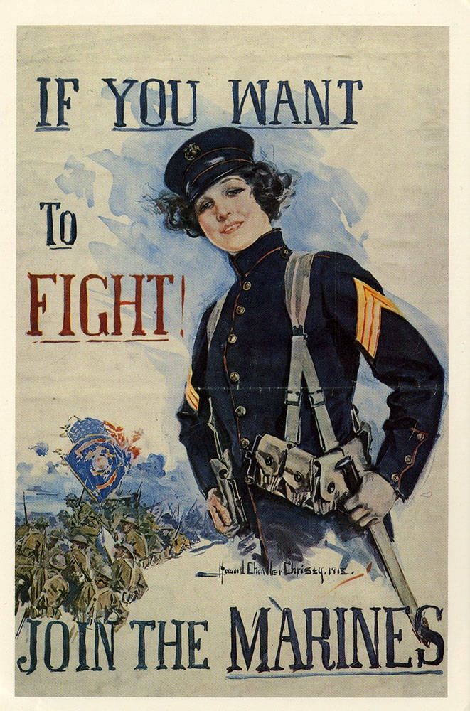 Recruiting poster of a woman dressed as a Marine (circa 1915)