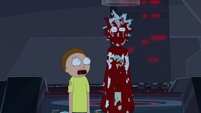 Rick from Rick and Morty covered in blood.