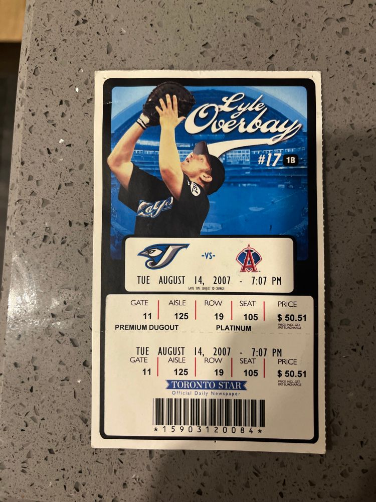 Blue Jays ticket from August 14, 2007. Jays vs. Angels. First baseman Lyle Overbay is pictured on the ticket.