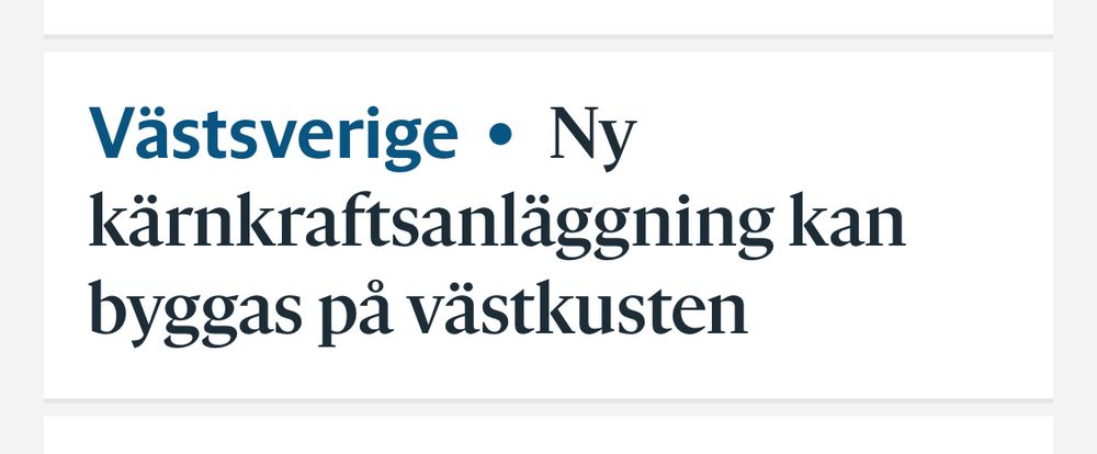 Skärmdump från GP, där det står: ”Ny kärnkraftsanläggning kan byggas på västkusten” Källa: https://www.gp.se/nyheter/västsverige/vattenfall-vill-ha-detaljplan-för-ny-kärnkraft-vid-ringhals-1.114211036