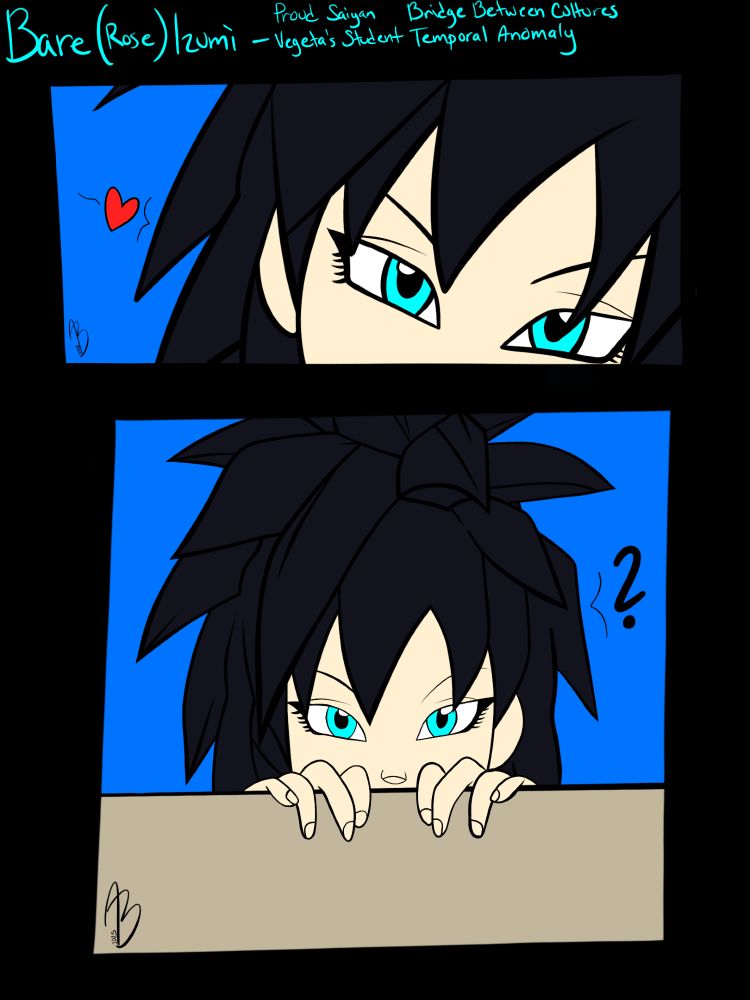 Two cropped drawings of a Saiyan woman, one where her head is tilted and another where she's peeking over a wall. In the top one where her head is tilted, a heart pops from her head. In the bottom one where she's peeking over a wall, a question mark pops from her head.

The text at the very top reads as follows:
Bare (Rose) Izumi - Proud Saiyan, Vegeta's Student, Bridge Between Cultures, Temporal Anomaly
